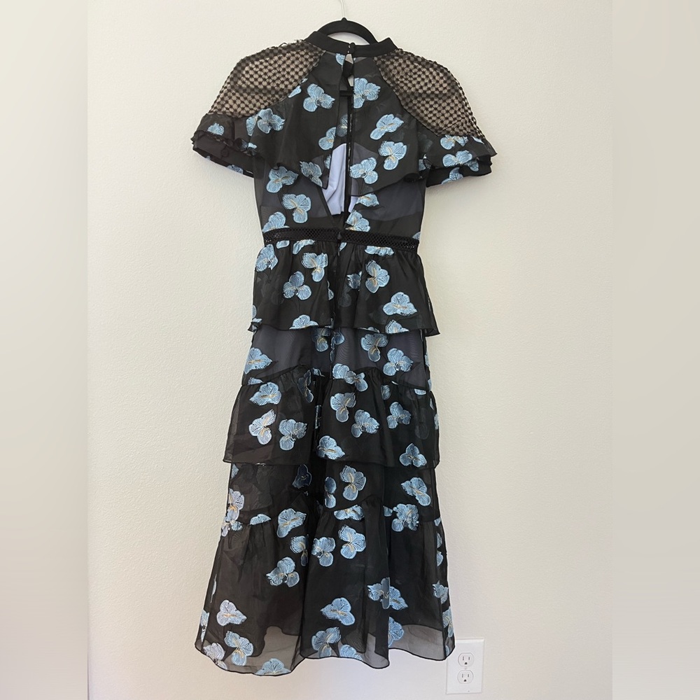 Self-Portrait Black & Blue Floral Fil Coupe Cape Detail Tiered Midi Dress 6 - Picture 10 of 14